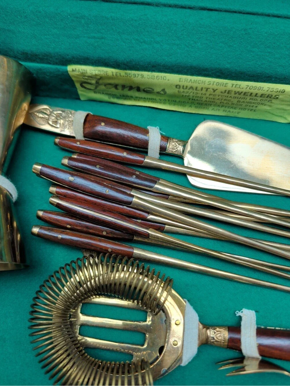 Vintage James Brass Bartender Set In Wood Case 11 Piece